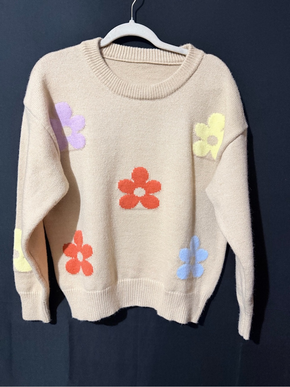 Zara Cream Crewneck Sweater with Red, Purple, Yellow & Blue Floral Motifs